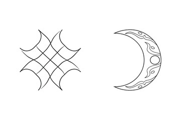 Simple black and white illustration of an abstract star and crescent moon symbol