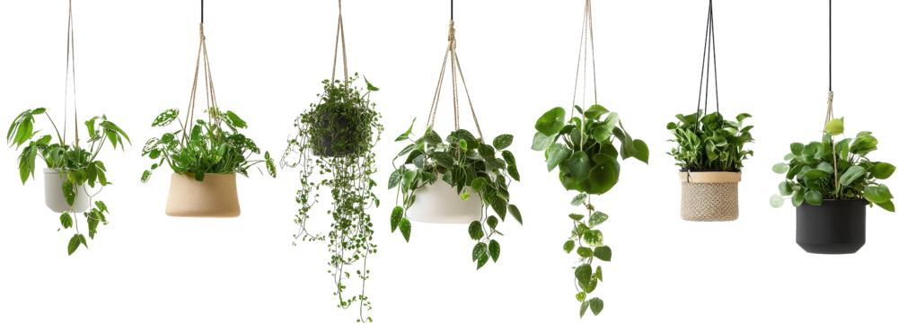 Six Hanging Plants in Pots, Isolated on Transparent Background, Indoor Plants, Macrame Hanger, Houseplants, Greenery, Hanging Planters