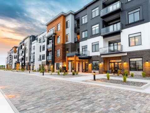 Condo association: Modern multi-unit condo buildings with a common HOA sign or entrance