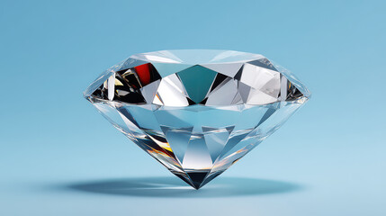 An exquisitely cut diamond sparkles brilliantly against a soft blue backdrop showcasing its facets and clarity in a mesmerizing display of light and refraction.