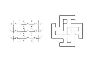 Abstract minimalist vector illustration featuring hand drawn puzzles and geometric labyrinth design
