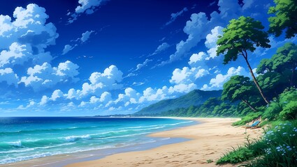A serene anime beach landscape exuding tranquility