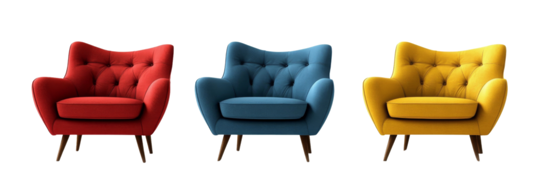 Three Colorful Armchairs, Red Blue Yellow Upholstery, Isolated on Transparent Background, Vintage Furniture, Interior Design, Armchair, Furniture, 3D Render