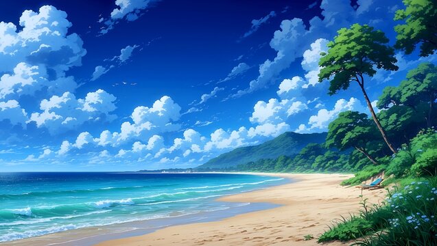 A serene anime beach landscape exuding tranquility