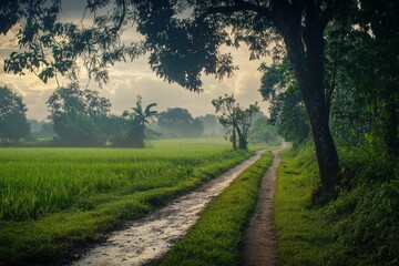 The rainy season in the countryside brings a rainbow over the rice field and dirt road