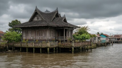Fototapeta premium Wooden house on stilts by a canal, traditional architecture, cloudy day