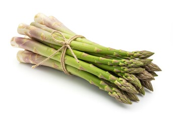 Fresh asparagus tied with twine isolated on white background near 70