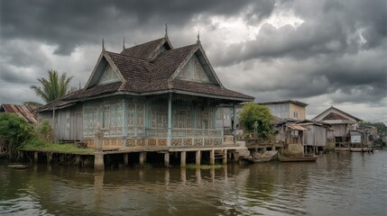 Obraz premium Old wooden house on stilts near a canal under a dramatic sky