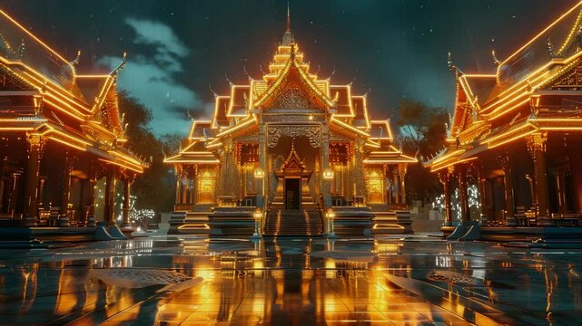 An ancient thai architecture, holographic projections of bright orange lines are projected onto the front and back of each building, with an orange glow effect, Generative AI Videos.