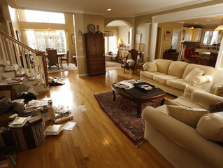 Unorganized home: Cluttered room with chaotic furniture and items