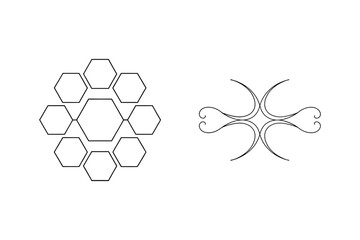 Geometric hexagon and ornamental swirl elements isolated on white background for design projects