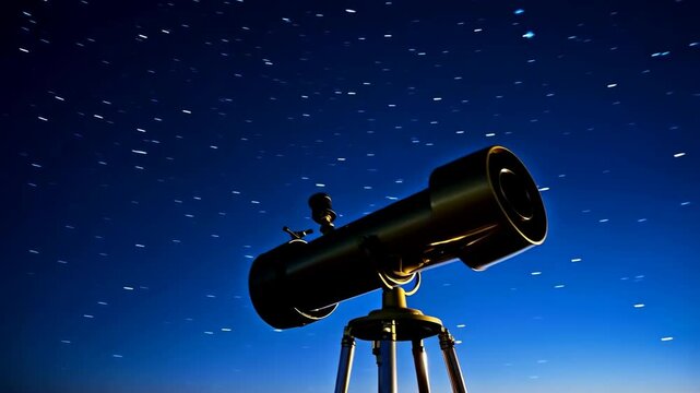 View of the night sky with a refractor telescope on a tripod, stars visible, cosmos, galaxy and deep blue color gradient background