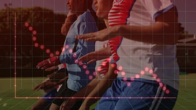 Camera panning turf, soccer teammates performing warmup drill with red data chart tracking metrics