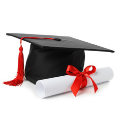 Graduation cap and diploma isolated on white background
