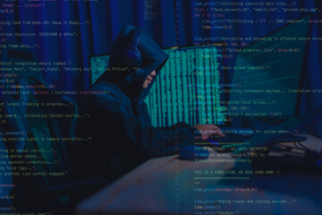 Hacker working in a dark room, deeply focused on hacking activities, surrounded by glowing screens...