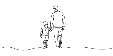 One continuous line drawing of Father and Daughter Walking Together, continuous one single black line art doodle drawing of Father and child walking hand in hand father day concept illustration, Happy