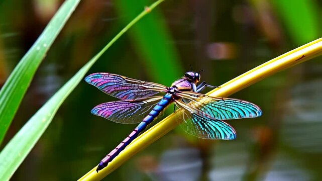 Close-up of colorful damselfly resting on thin yellow plant stem near green vegetation by a riverbank in natural outdoor light