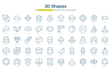 3D Shapes line icon pack. 3D Shapes Stroke icon set. Editable Stroke icon