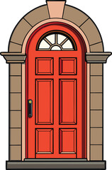 A detailed illustration of a classic red door set within a stone archway.