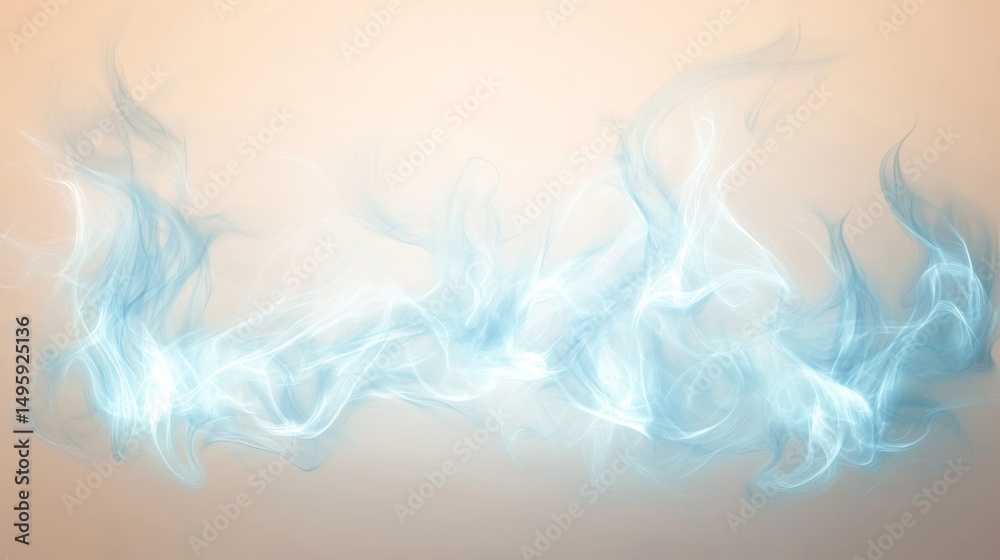 Poster set against a soft peach backdrop, electric blue flames twist and swirl, showcasing their glowing gr
