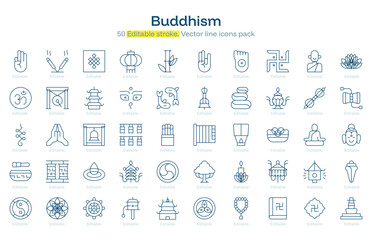 Buddhism line icon pack. Buddhism Stroke icon set. Editable Stroke icon