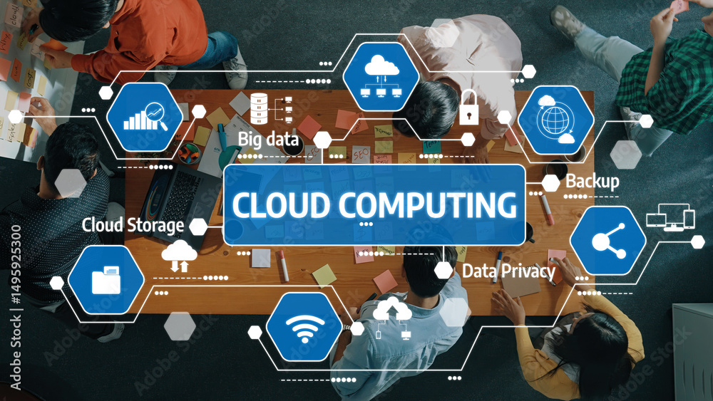 Poster this image showcases a modern office setting focusing on cloud computing concepts, illustrating elem