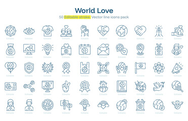 World Love line icon pack. World Love Stroke icon set. Editable Stroke icon
