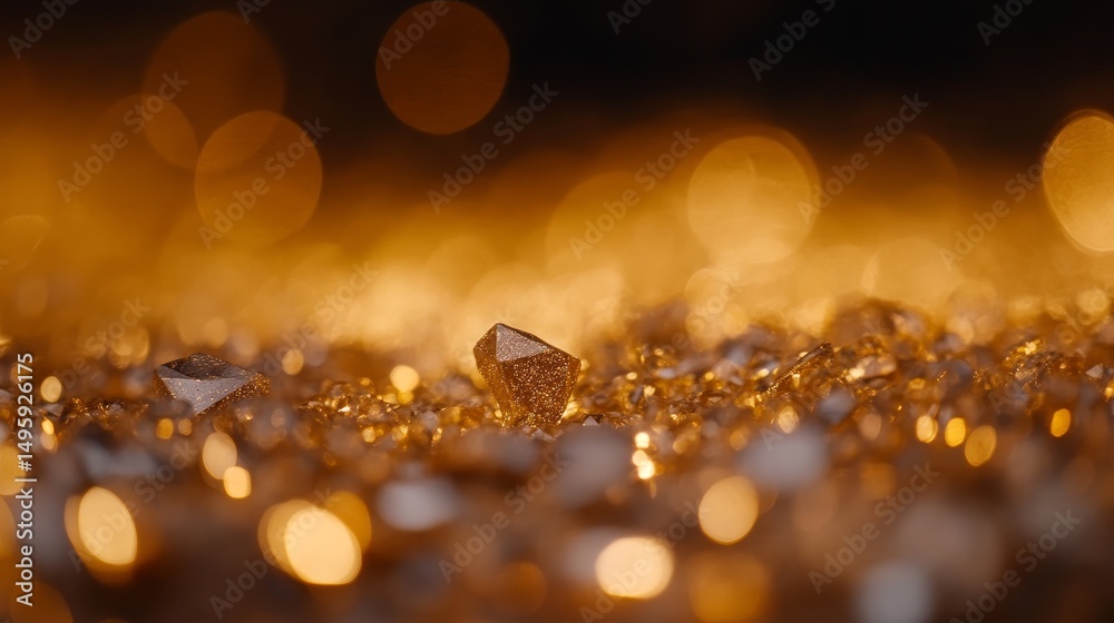 Poster A close-up view captures golden glitter particles suspended in mid-air, surrounded by soft bokeh lights, creating an elegant and dynamic abstract setting