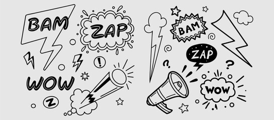 Comic boom cartoon effect line element set. Comic speech bubble pow, boom text, explosive splash smoke, wow cartoon vector icon. Hand drawn sketch doodle explosive element. Vector illustration. EPS.