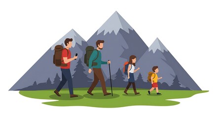 Fototapeta premium Family Hiking Trip in the Mountains Illustration