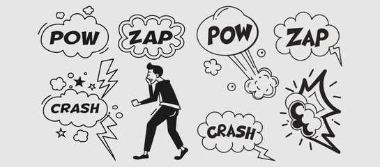Comic boom cartoon effect line element set. Comic speech bubble pow, boom text, explosive splash smoke, wow cartoon vector icon. Hand drawn sketch doodle explosive element. Vector illustration. EPS.