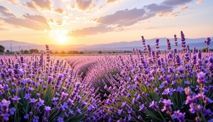 Naklejka premium Vibrant Lavender Fields Under Warm Sunset in Scenic Landscape with Dramatic Sky and Majestic Mountains