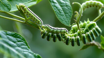 Naklejka premium Caterpillars interacting with vibrant green plants