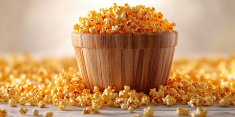 Freshly popped popcorn in a wooden bowl surrounded by scattered kernels on a light surface