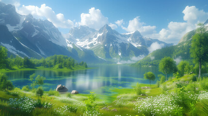 Fototapeta premium A lake surrounded by lush green fields, with mountains in the background