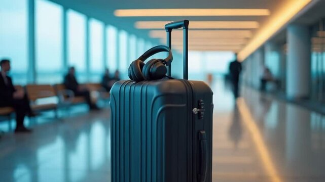 Luggage with headphones resting in airport terminal during day  