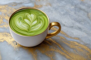 Pistachio milk matcha latte art displayed on elegant marble surface. Overhead aesthetic highlights swirling patterns and rich green color. Concept of cafes, tea houses, wellness