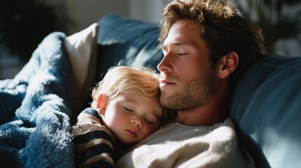 Father and child enjoy a cozy moment together on the couch in the warmth of afternoon light