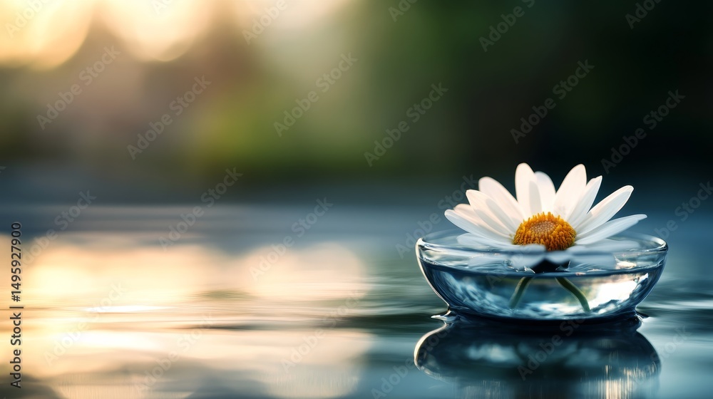 Aufkleber A close-up view captures a white daisy in a glass sphere resting on calm water, illuminated by soft sunlight, creating a serene and magical atmosphere