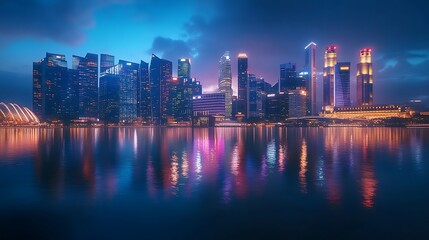 Fototapeta premium Iconic Singapore Marina Bay skyline with glowing lights and modern structures with picture