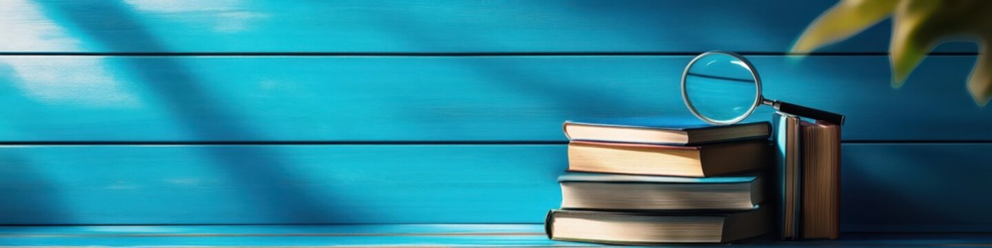 Explore Knowledge: A Magnifying Glass Over a Pile of Books on a Blue Bookshelf with Ample Copy Space