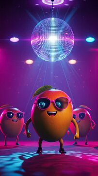 Animated dancing mangoes celebrate under disco ball in vibrant party scene