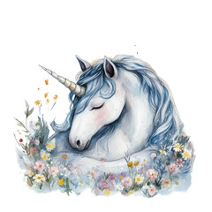 Serene Blue Unicorn Surrounded by Colorful Flowers in a Whimsical, Dreamy Setting on transparent background