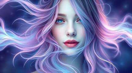 Fototapeta premium Mystical girl with luminous hair flowing, an ethereal beauty concept