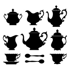 Silhouettes of vintage tea and coffee sets including teapots, creamers, sugar bowls, cups, saucers, and spoons arranged on a white background in a classic, symmetrical layout.