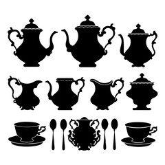 Silhouettes of vintage tea and coffee sets including teapots, creamers, sugar bowls, cups, saucers, and spoons arranged on a white background in a classic, symmetrical layout.