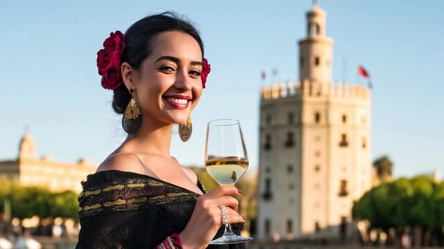 Smiling Attractive spaniard woman in traditional spanish flamenco dress holding a glass of spanish white wine in seville, looking at camera