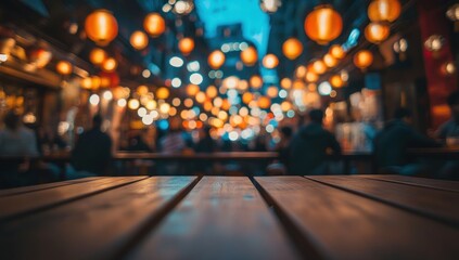 Night Market Ambiance: Wooden Table with Blurry Background of Festive Lights and People