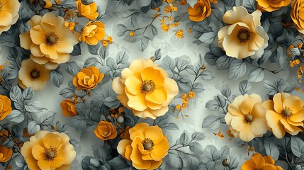 Elegant seamless floral pattern featuring vibrant yellow flowers and gray leaves high resolution photo