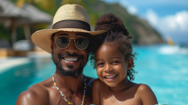 a man and a little girl are posing for a picture in front of a swimming pool